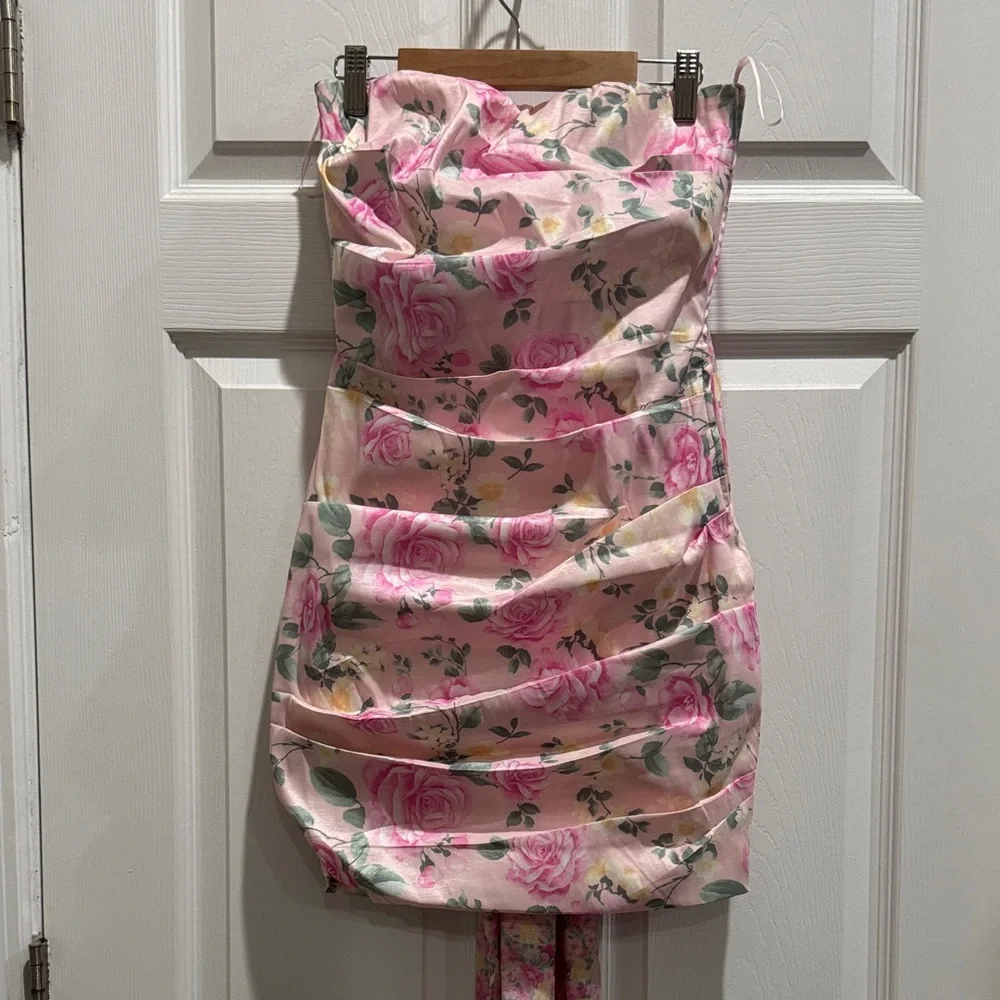 Pink Floral Strapless Ruched Mini Dress - Picture 1 of 8